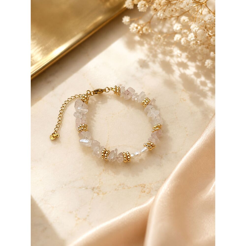 Freshwater Pearl and Rose Quartz Bracelet for Women Gold Jewelry